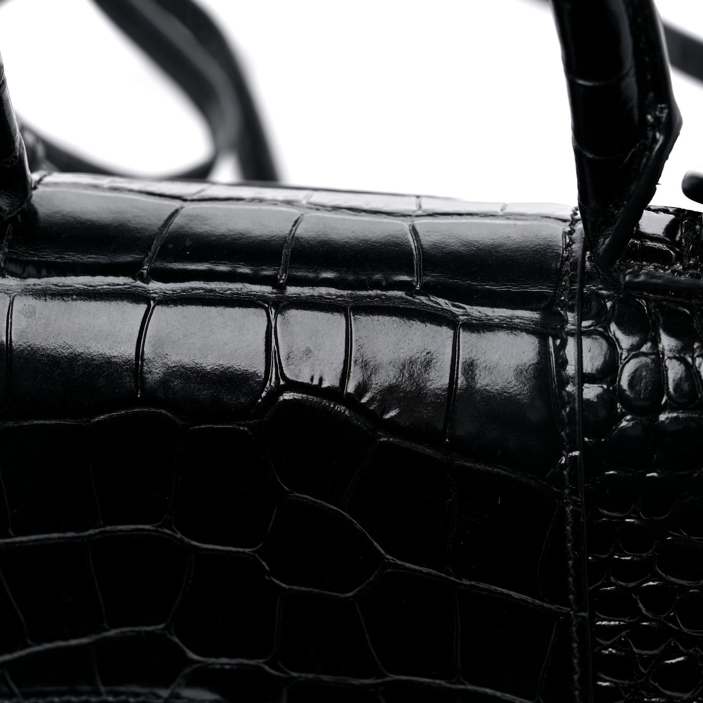 Shiny Calfskin Monochrome Crocodile Embossed Hourglass Top Handle Bag XS Black