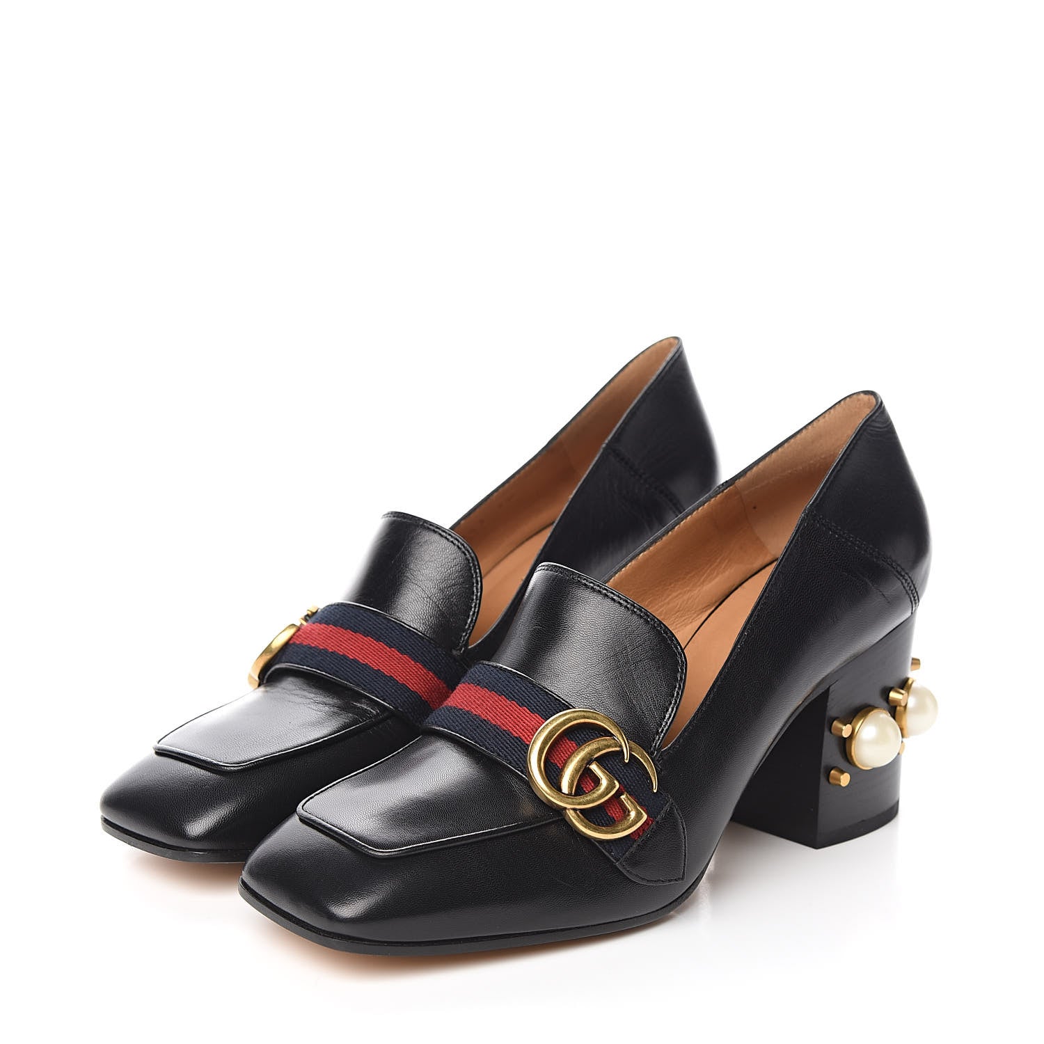 Gucci Malaga Kid Web Pearl Embellished Peyton 75mm Loafer Pumps 38 Black 3 of 9