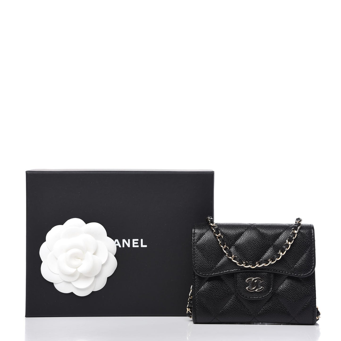Caviar Quilted Flap Card Holder On Chain Black