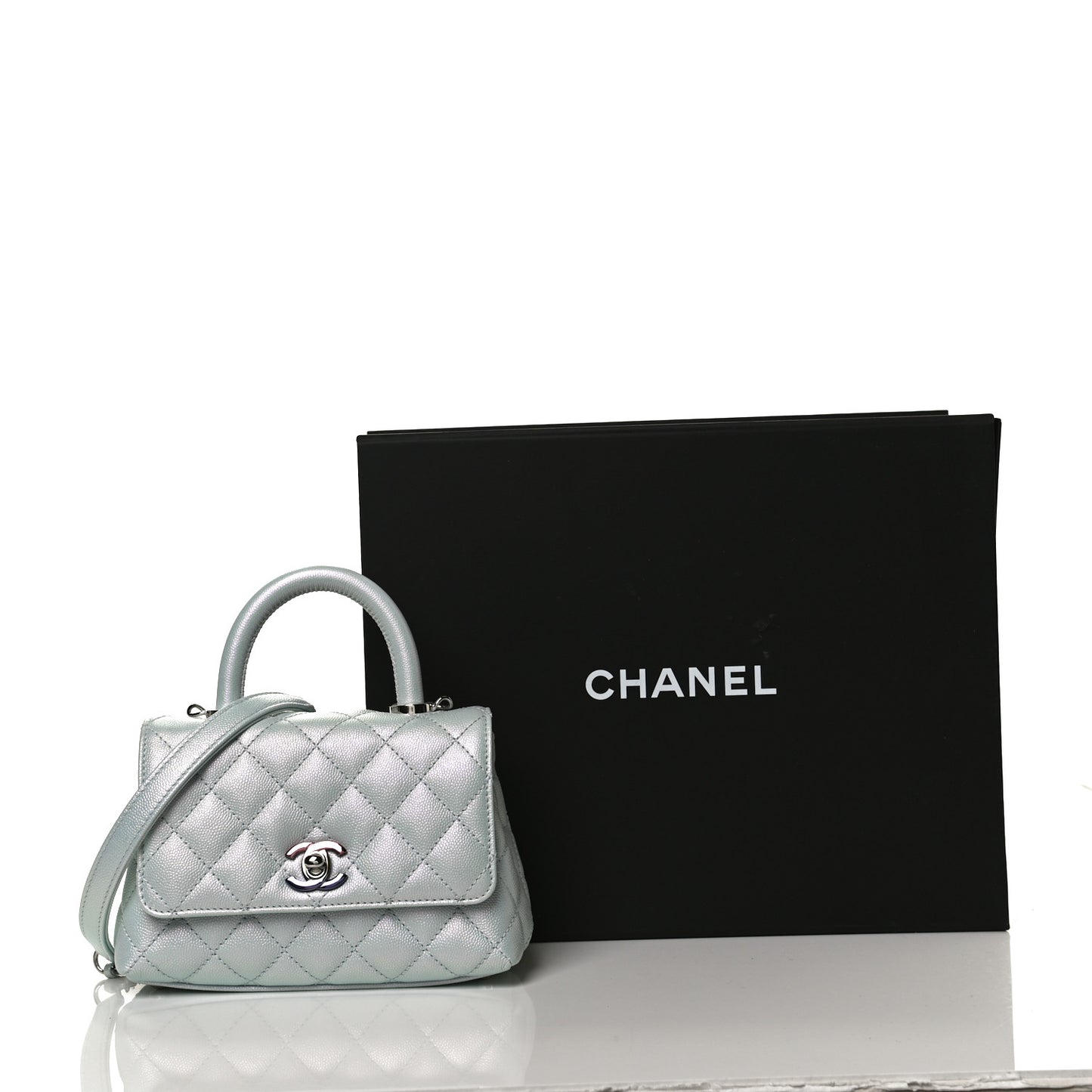 Iridescent Caviar Quilted Extra Mini Coco Handle Flap Light Blue