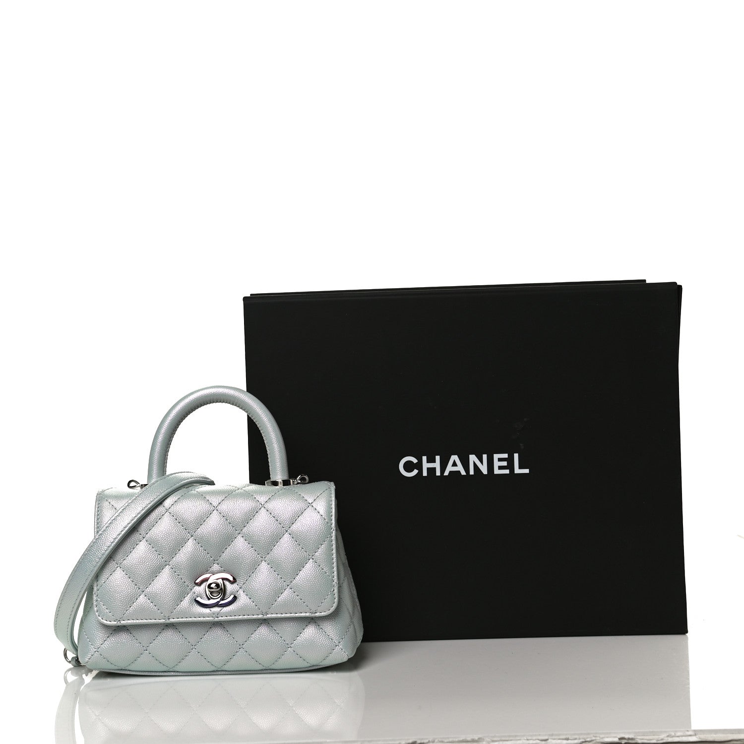 Chanel Iridescent Caviar Quilted Extra Mini Coco Handle Flap Light Blue 12 of 12