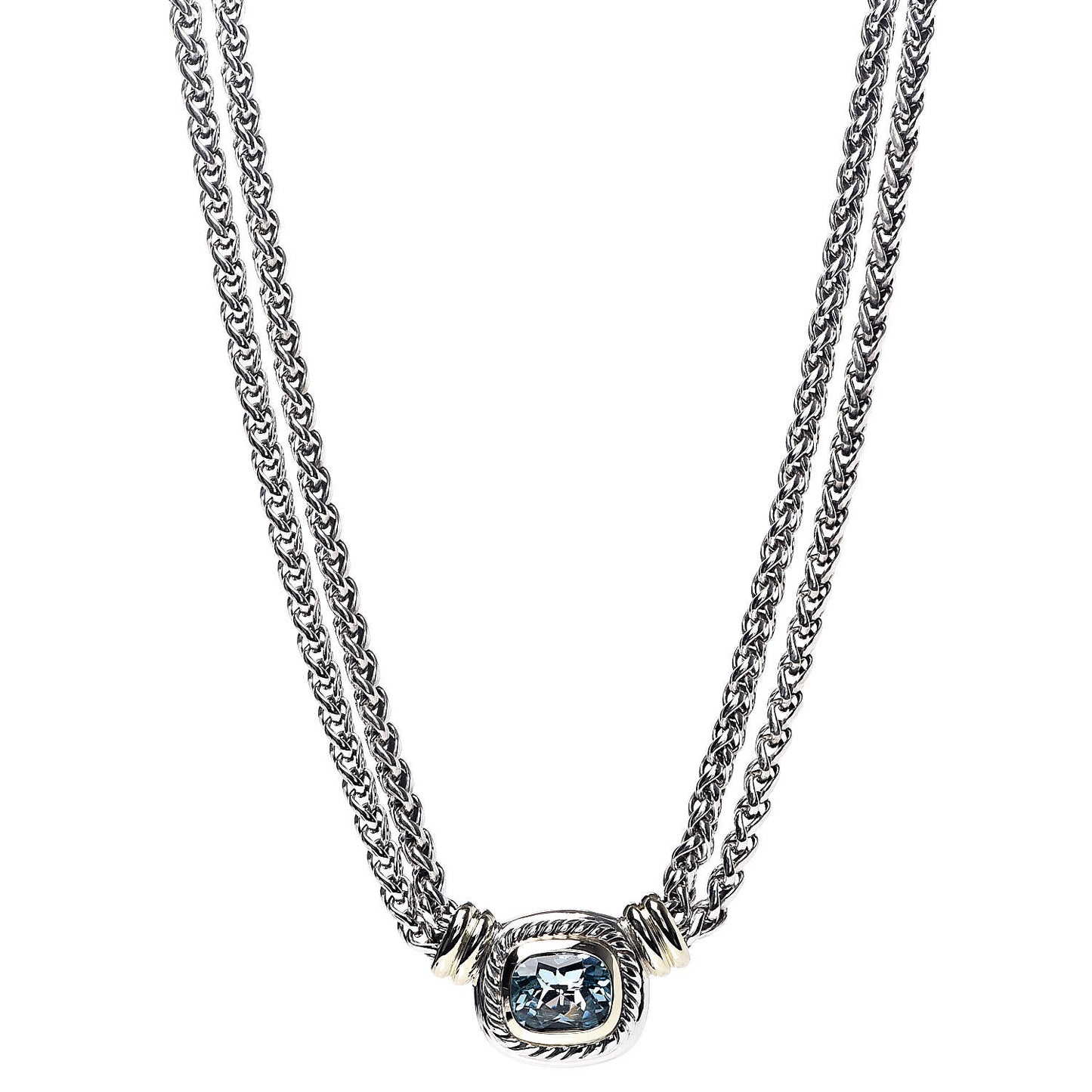 Sterling Silver 14K Yellow Gold Blue Topaz Double Wheat Chain Necklace
