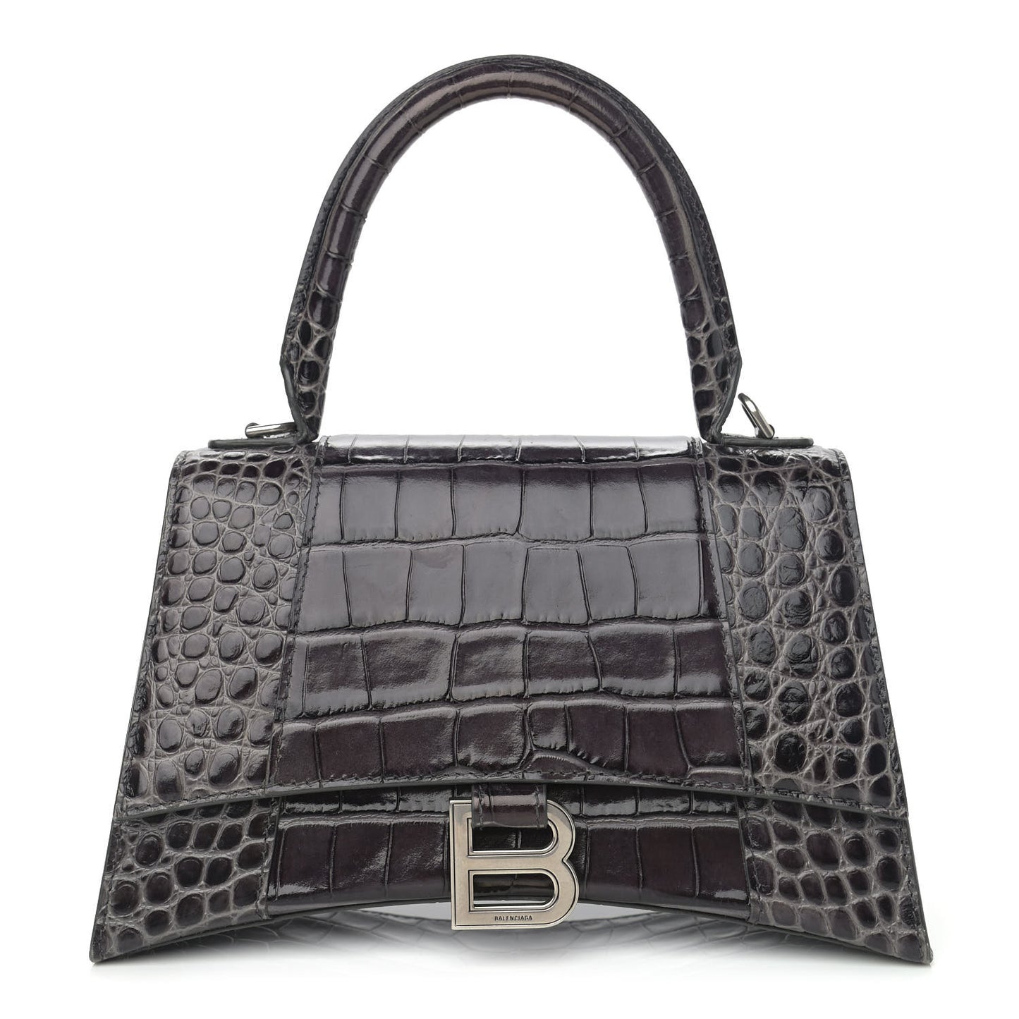 Shiny Calfskin Crocodile Embossed Small Hourglass Top Handle Bag Dark Grey