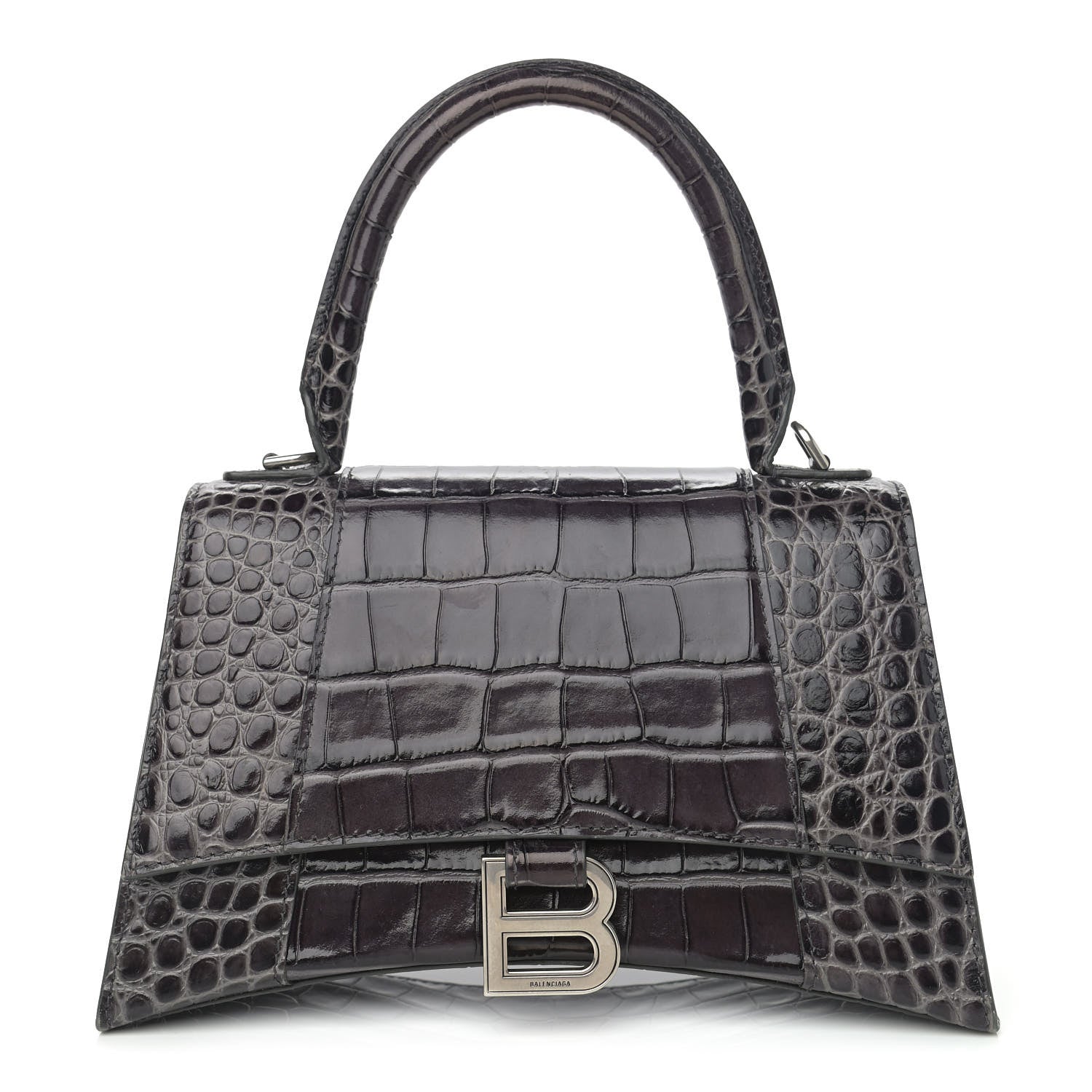 Balenciaga Shiny Calfskin Crocodile Embossed Small Hourglass Top Handle Bag Dark Grey 1 of 11