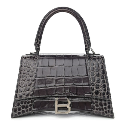 Balenciaga Shiny Calfskin Crocodile Embossed Small Hourglass Top Handle Bag Dark Grey 1 of 11