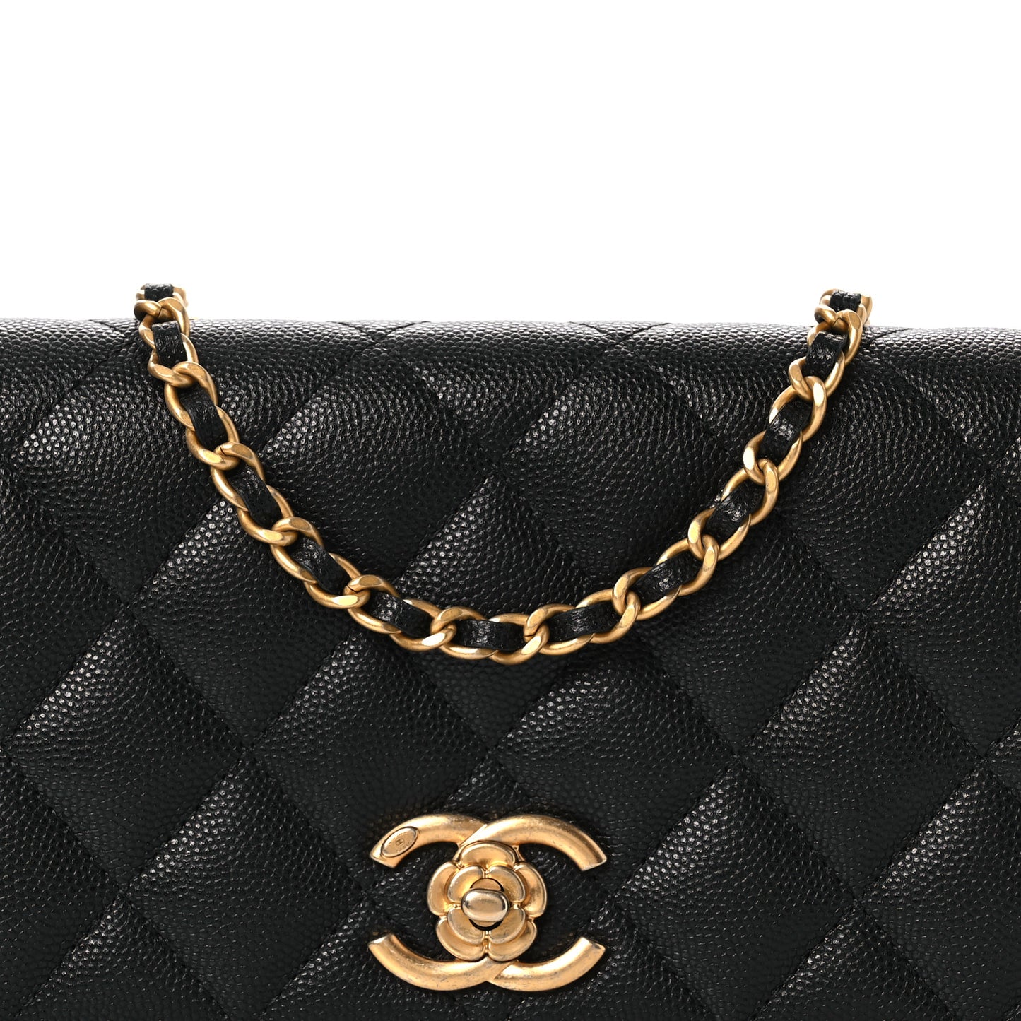 Caviar Quilted Camellia Clutch With Chain Black