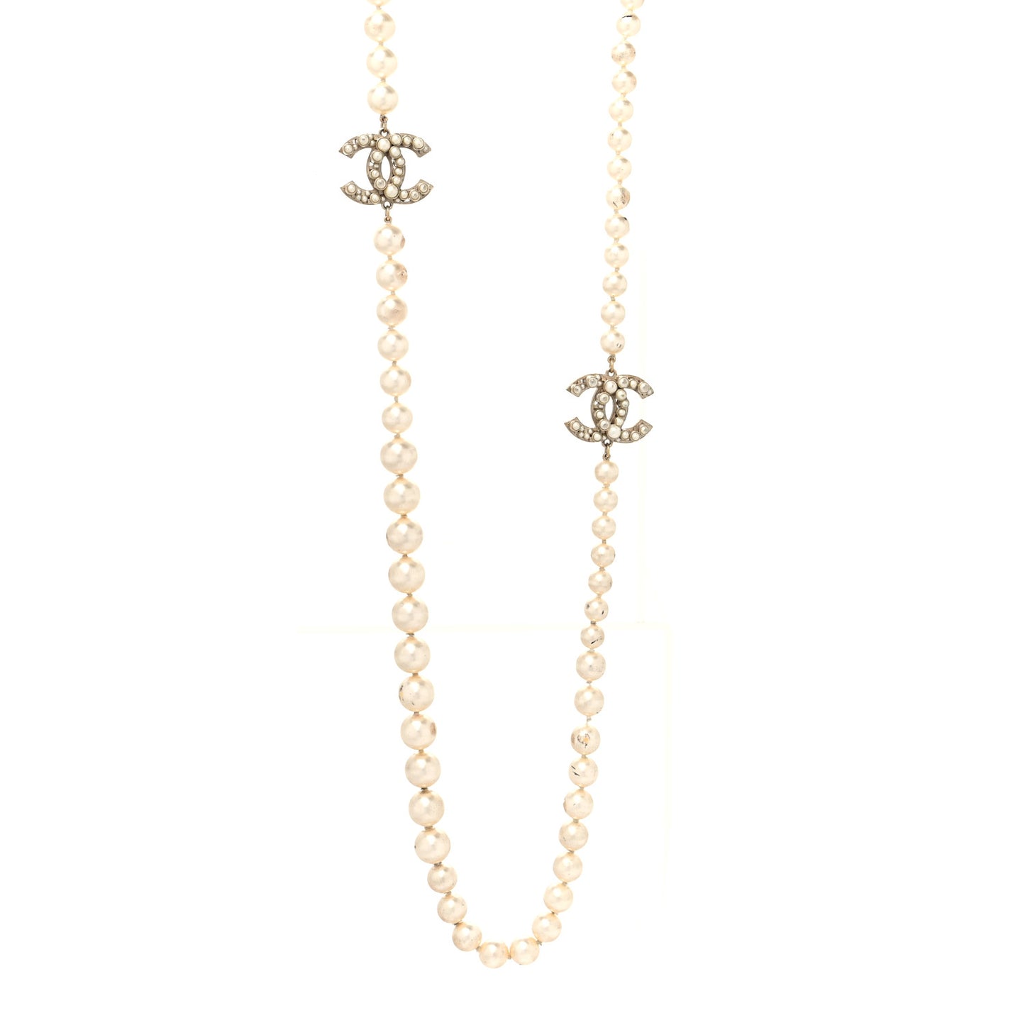 Graduated Pearl Long CC Necklace Gold