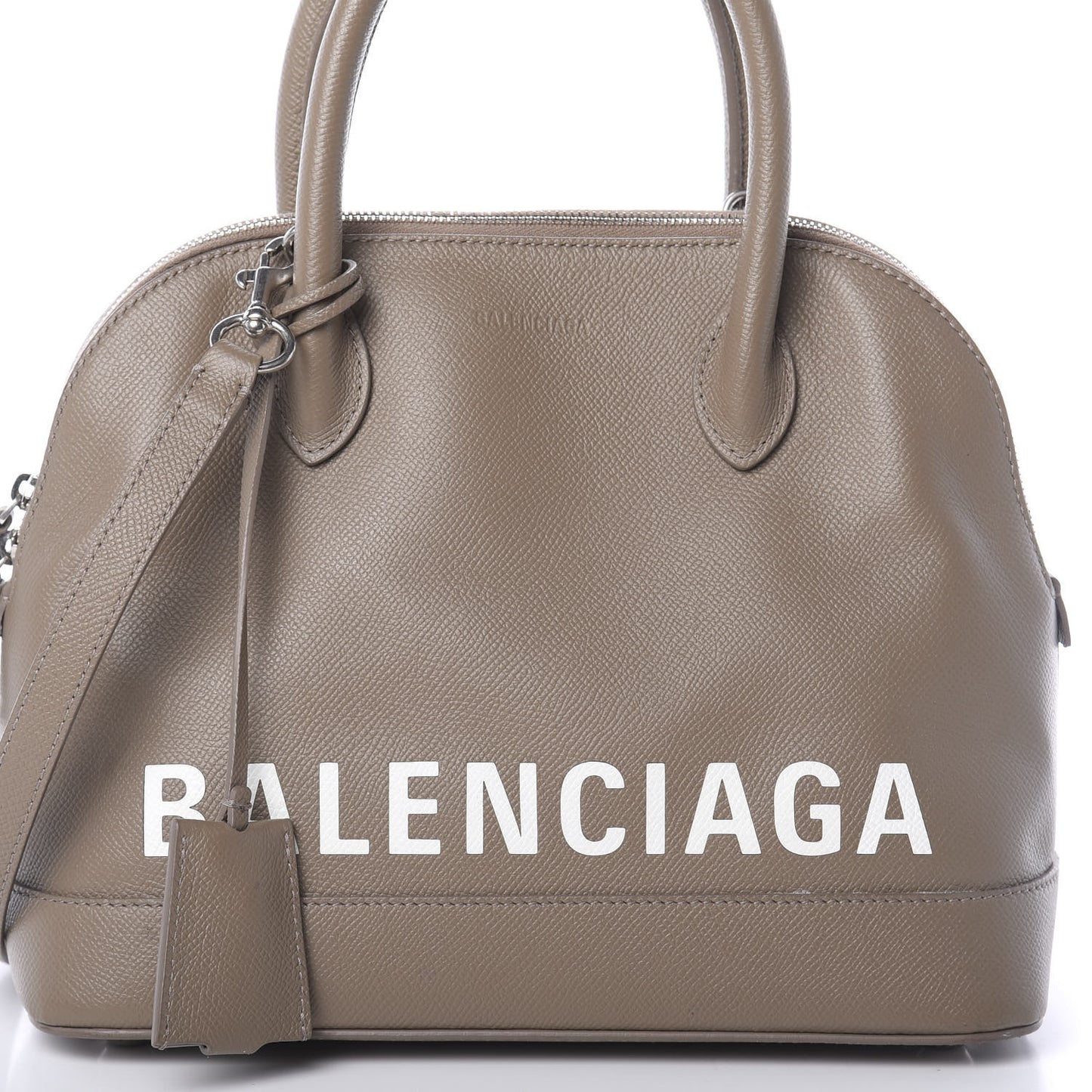 Signature Grained Calfskin Logo S Ville Top Handle Bag Mink Grey White