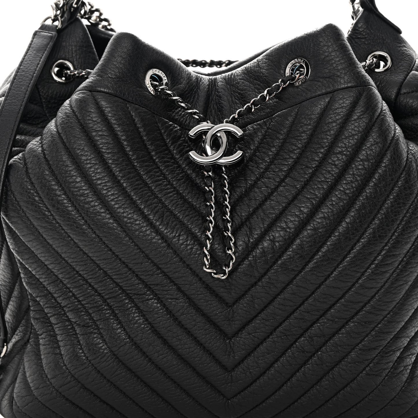 Deerskin Chevron Large CC Chain Bucket Drawstring Bag Black