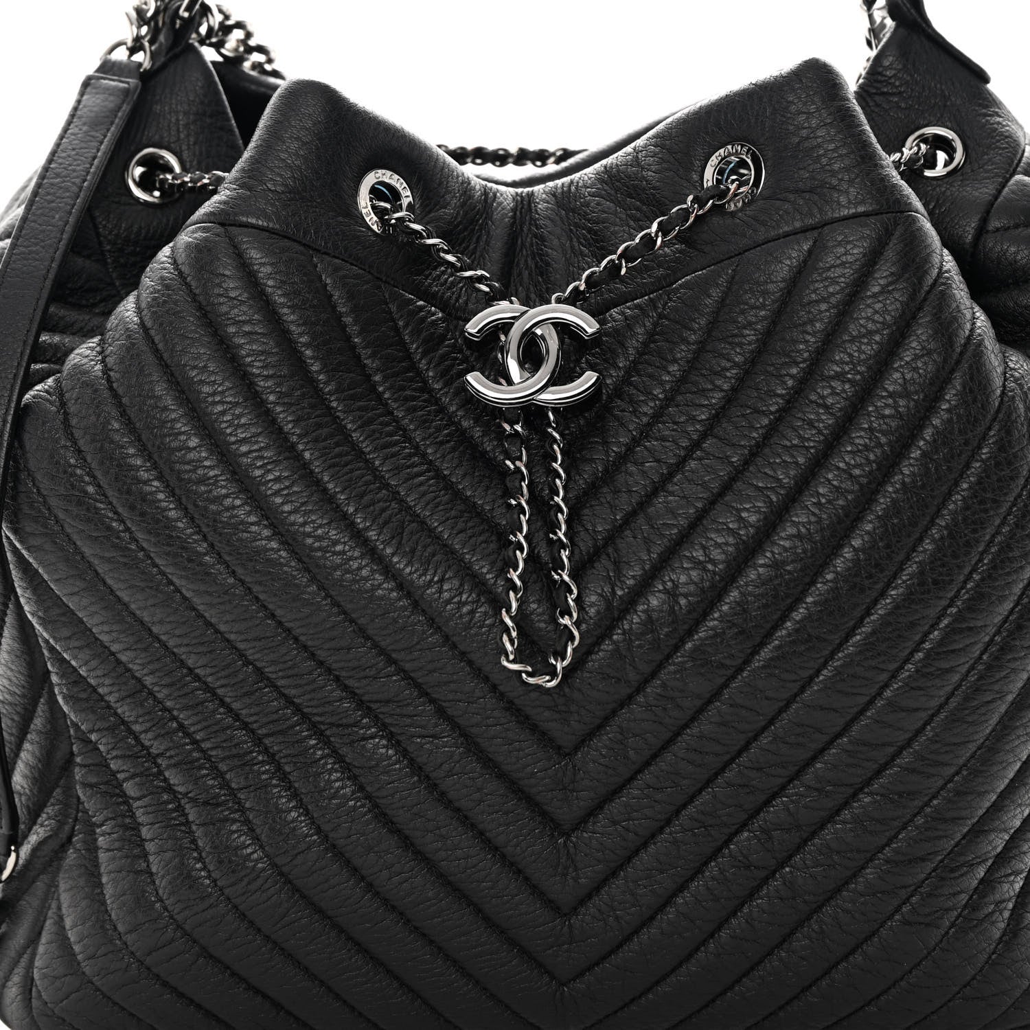 Chanel Deerskin Chevron Large CC Chain Bucket Drawstring Bag Black 8 of 15