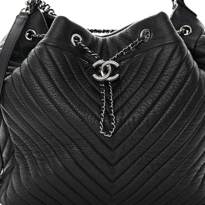 Chanel Deerskin Chevron Large CC Chain Bucket Drawstring Bag Black 8 of 15