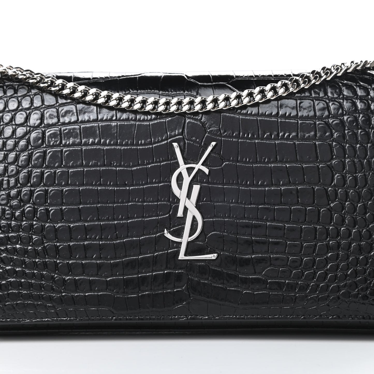 Calfskin Crocodile Embossed Monogram Chain Wallet Black