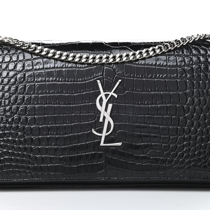 Saint Laurent Calfskin Crocodile Embossed Monogram Chain Wallet Black 8 of 15