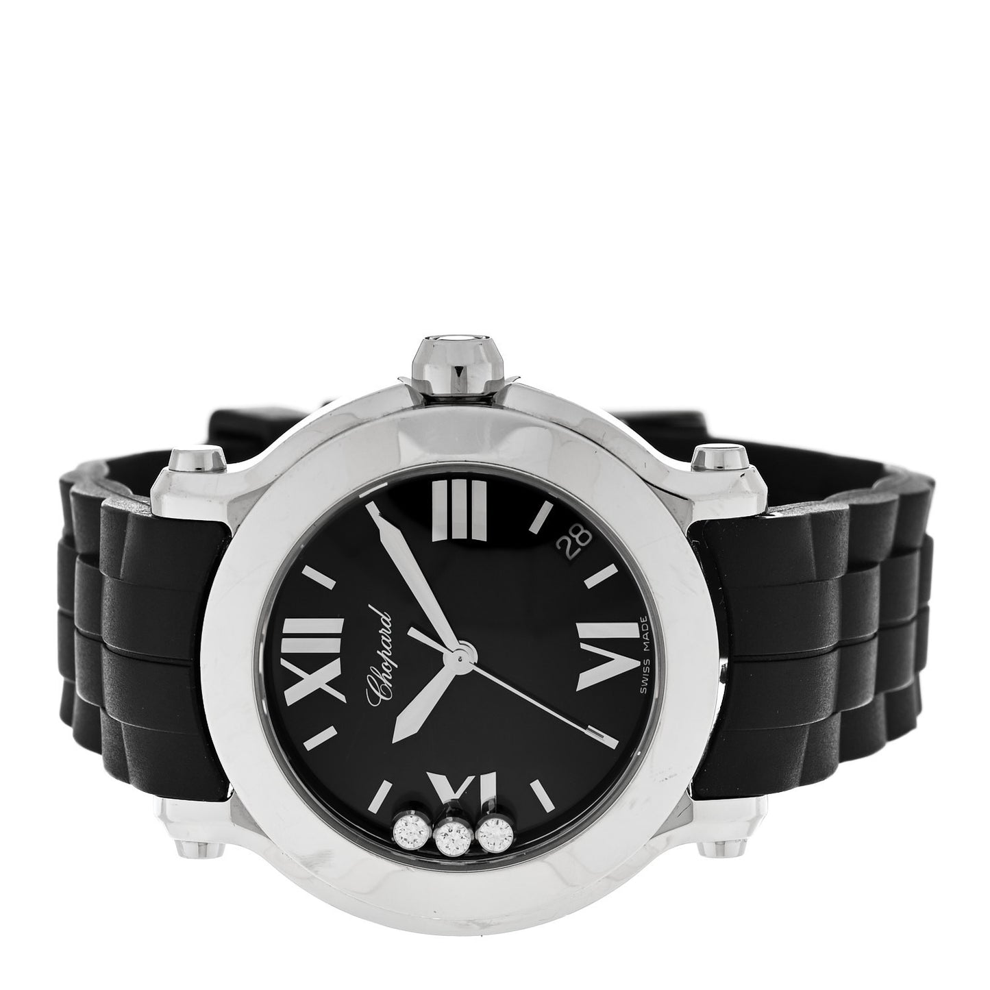 Stainless Steel Rubber 3 Diamond 36mm Happy Sport Quartz Watch Black