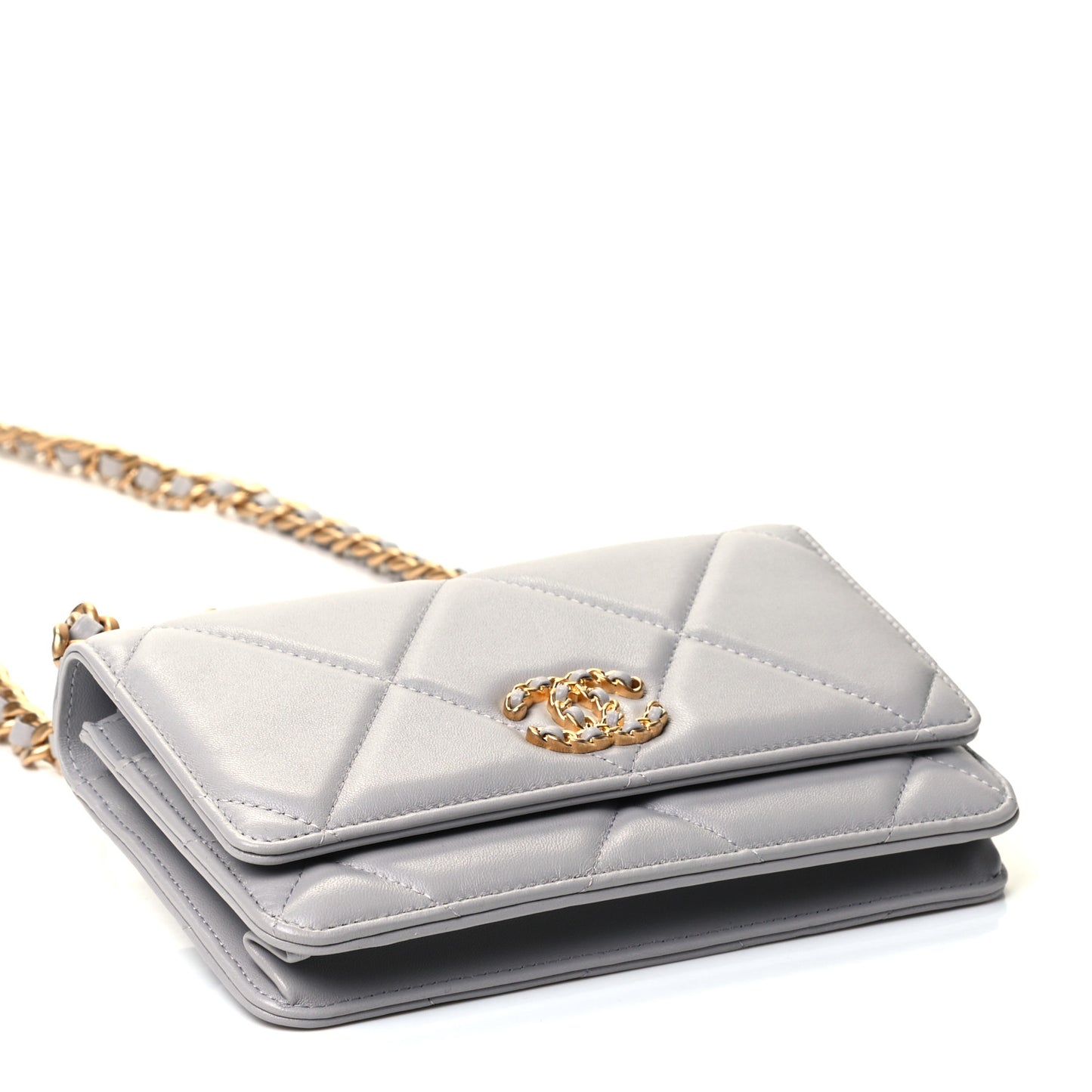 Lambskin Quilted Chanel 19 Wallet On Chain WOC Grey