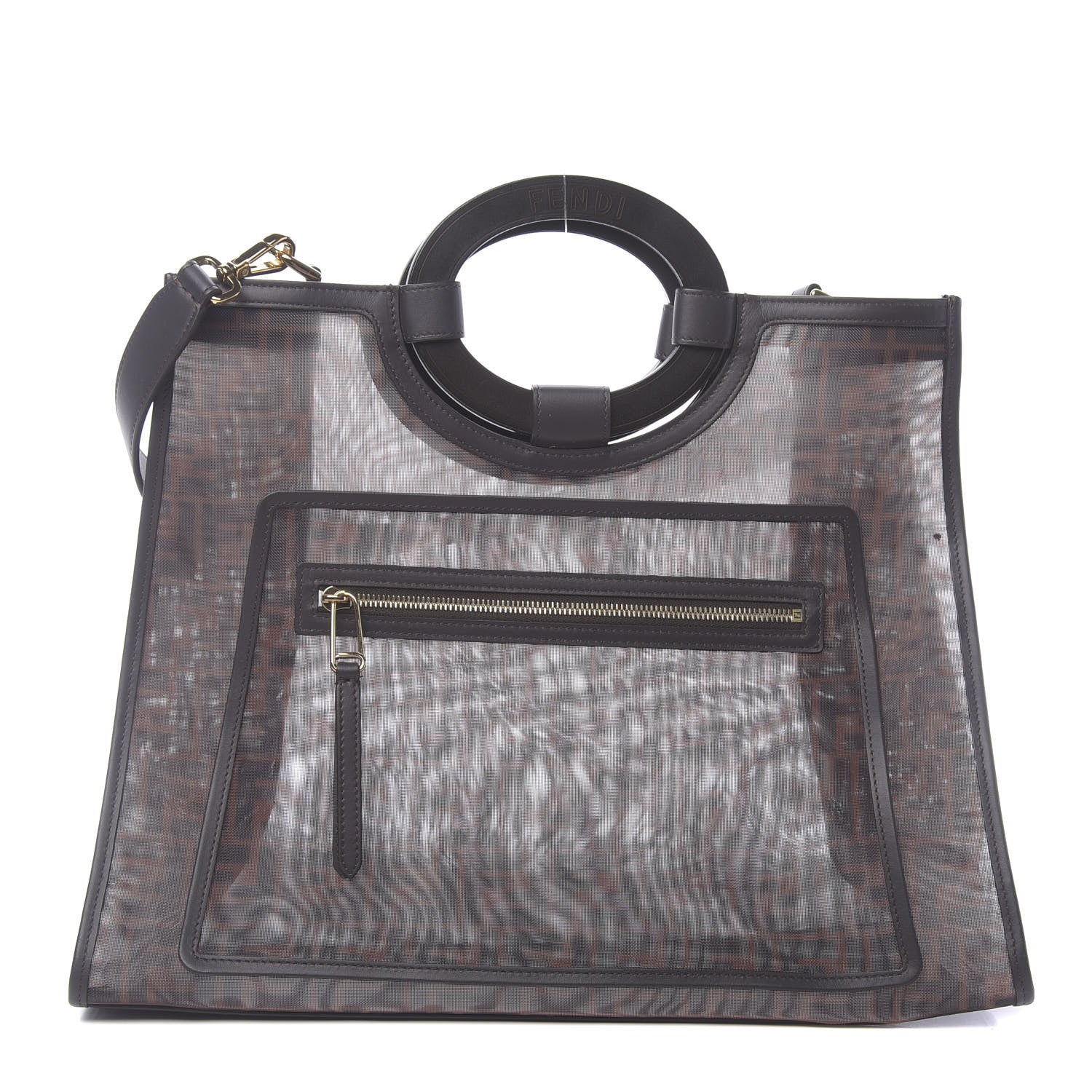 Fendi Mesh Vitello Century Cuoio FF 1974 Medium Runaway Shopper Tote Marrone Black Ebano 1 of 11