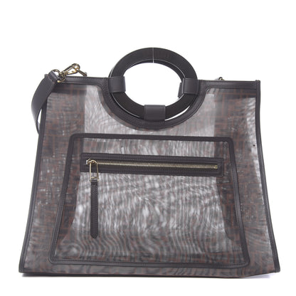Fendi Mesh Vitello Century Cuoio FF 1974 Medium Runaway Shopper Tote Marrone Black Ebano 1 of 11