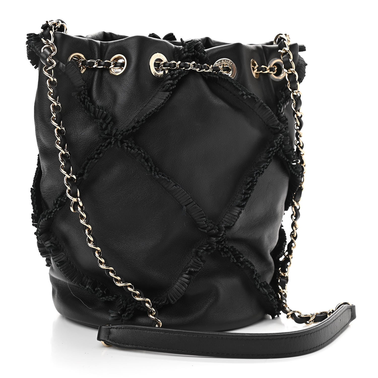 Chanel Lambskin Quilted Fringe CC Chain Bucket Drawstring Bag Black 3 of 10