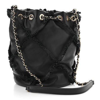 Chanel Lambskin Quilted Fringe CC Chain Bucket Drawstring Bag Black 3 of 10