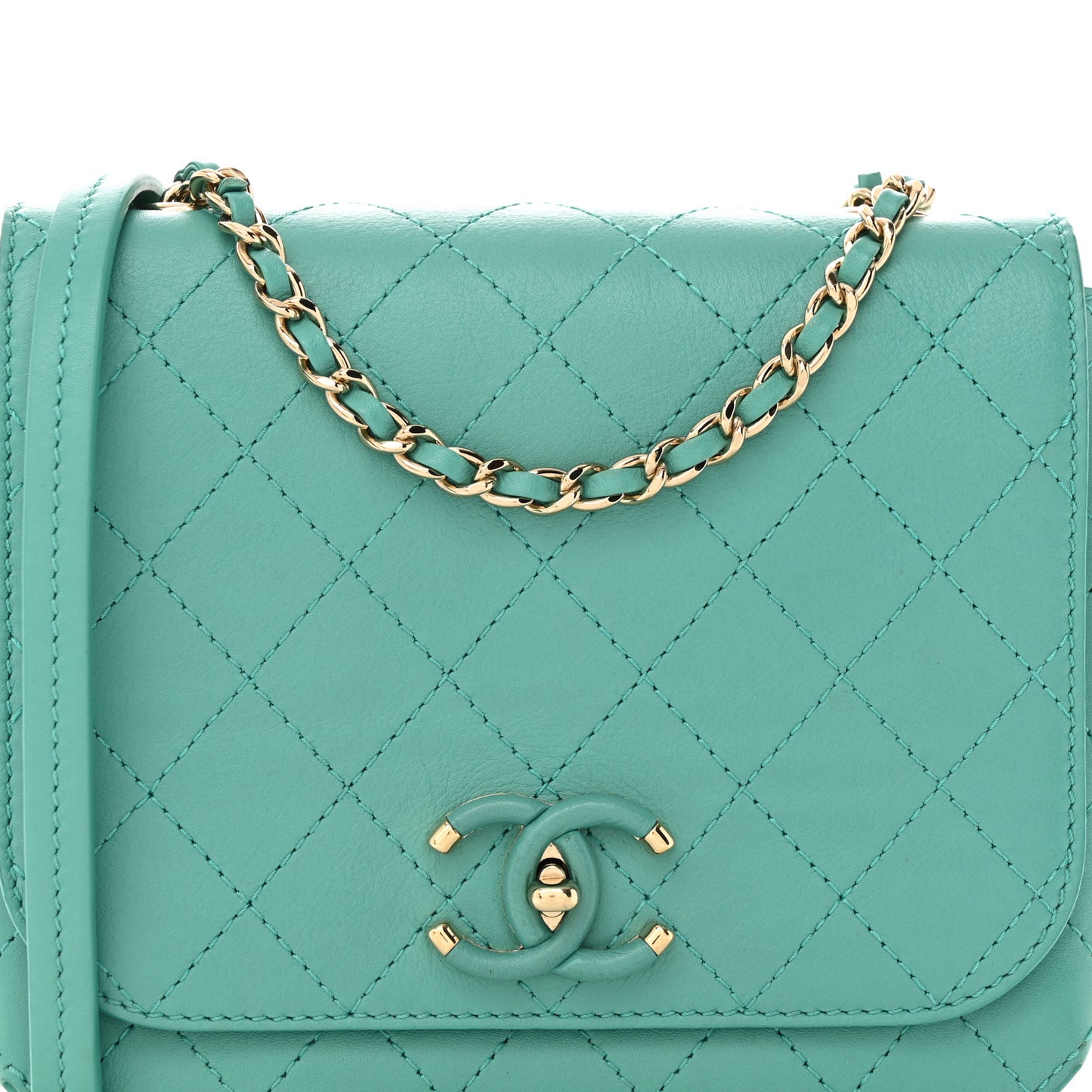 Calfskin Stitched Small Covered CC Flap Bag Green