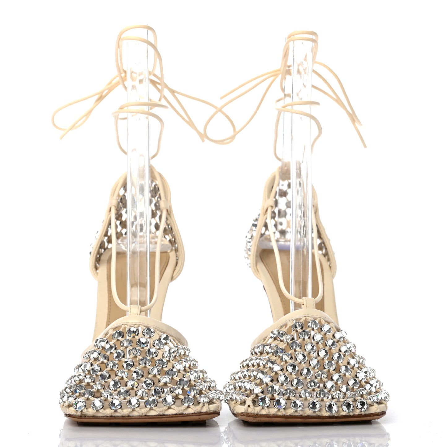 Mesh Nappa Crystal Embellished Sparkle Stretch Ankle Tie Sandals 37.5 Toile