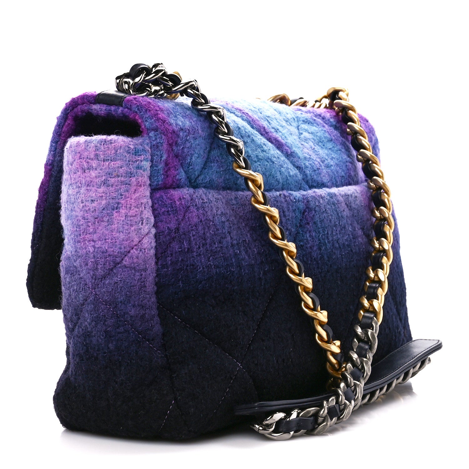 Chanel Wool Tweed Quilted Large Chanel 19 Flap Purple Black Blue 3 of 10