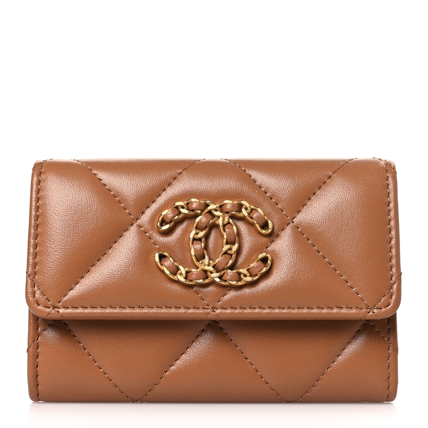 Lambskin Quilted Chanel 19 Flap Card Holder Brown