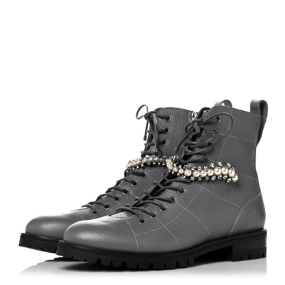 Jimmy Choo IMMY CHOO Grained Goatskin Pearl Crystal Embellished Cruz Combat Boots 38.5 Grey 3 of 14