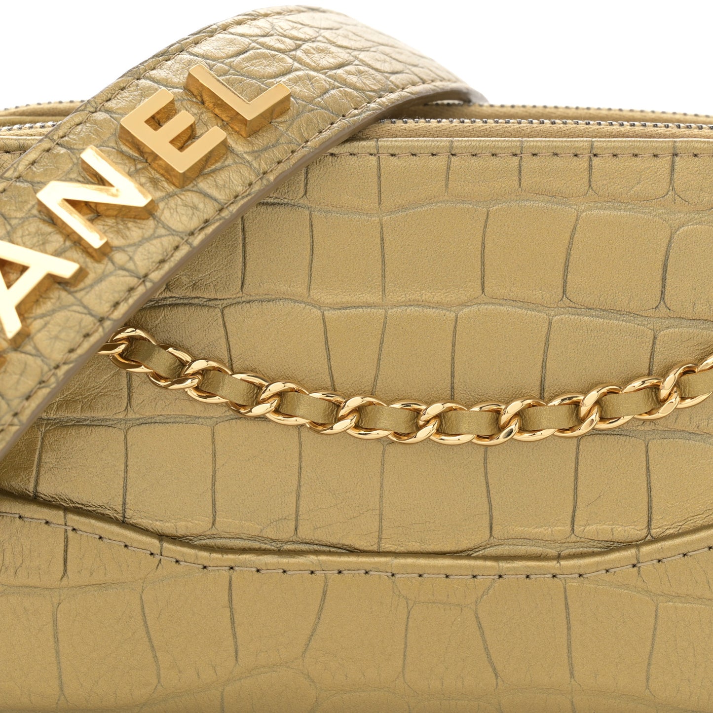 Metallic Calfskin Crocodile Embossed Small Gabrielle Clutch With Chain Gold