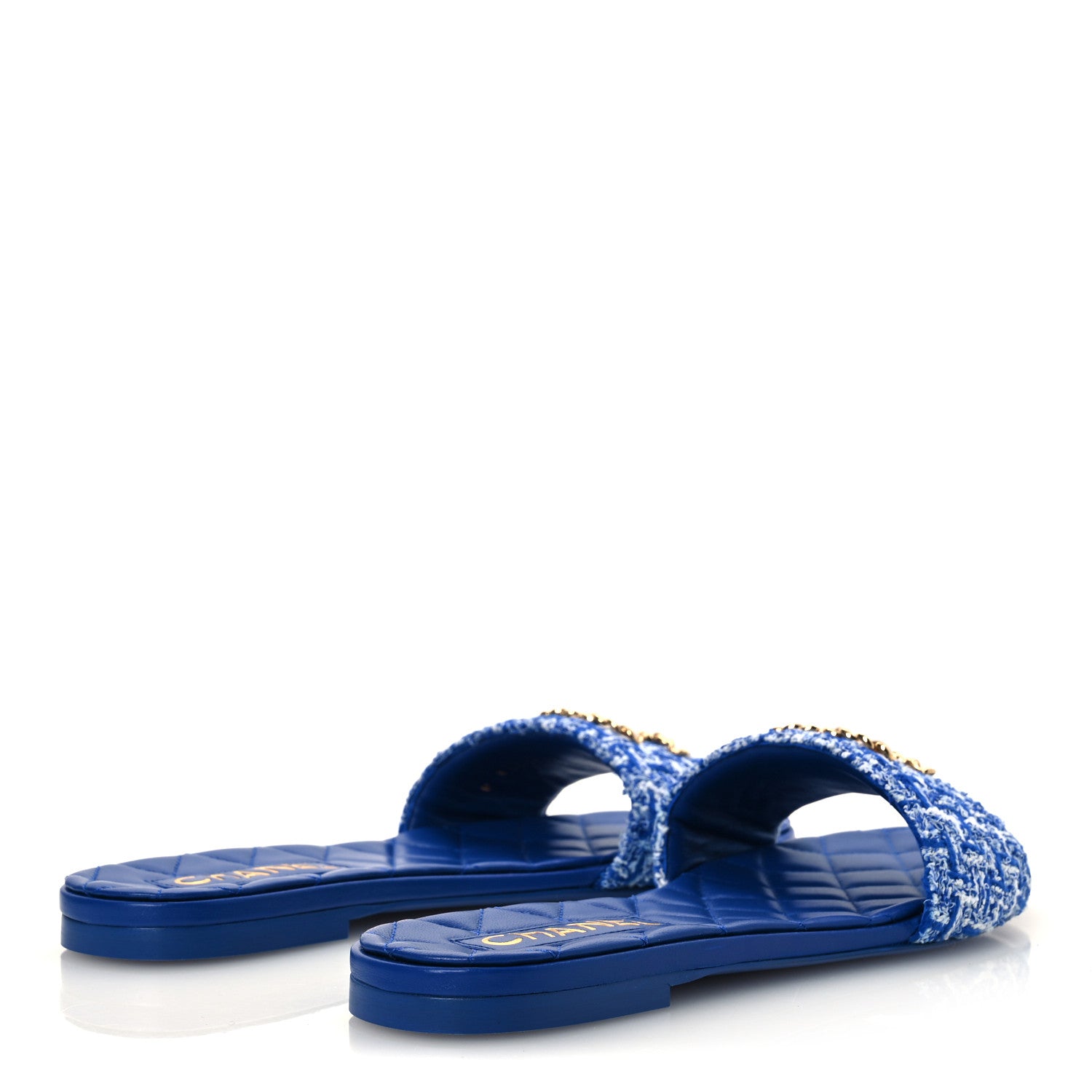 Chanel Cotton Tweed Chain CC Mule Sandals 38.5 Blue White 5 of 12