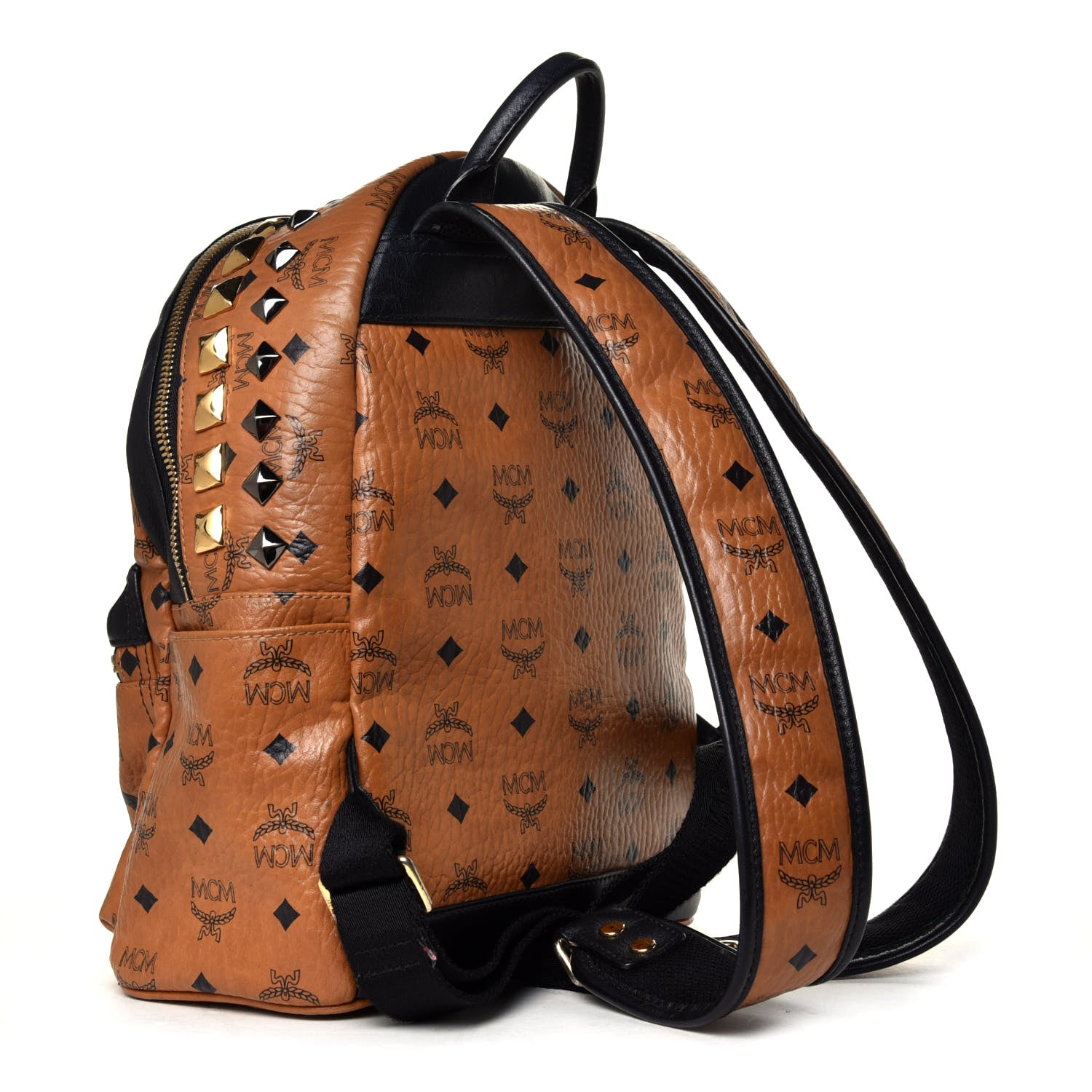 MCM Visetos Studded Colorblock Small Stark Brock Backpack Cognac Black 2 of 4
