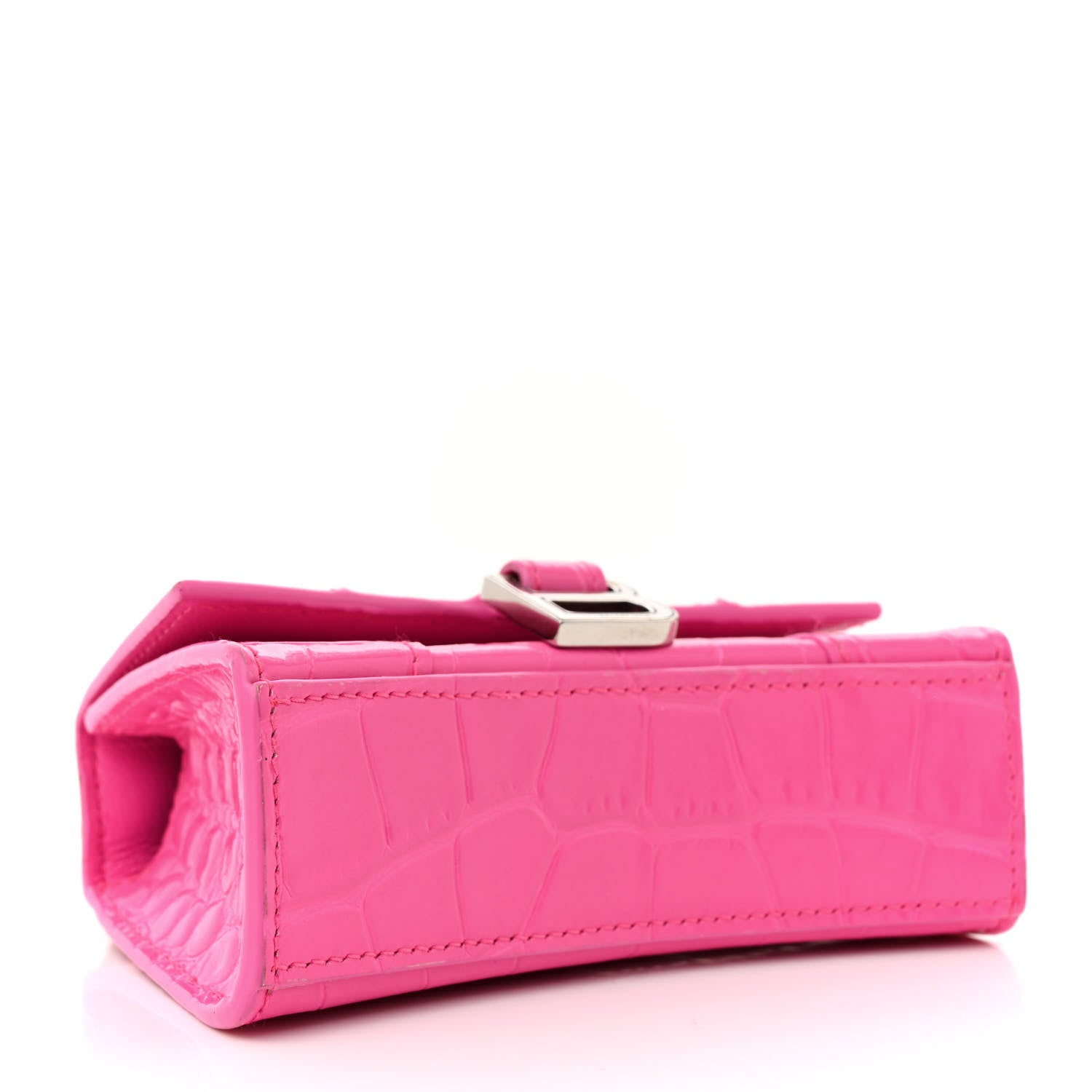 Balenciaga Shiny Calfskin Crocodile Embossed Hourglass Top Handle Bag Mini with Chain Neon Pink 4 of 14
