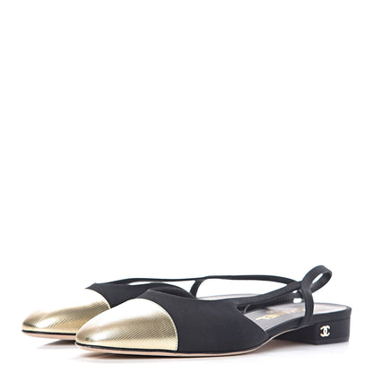 Chanel Grosgrain Cap Toe CC Slingback Pumps 39 Black Gold 3 of 10