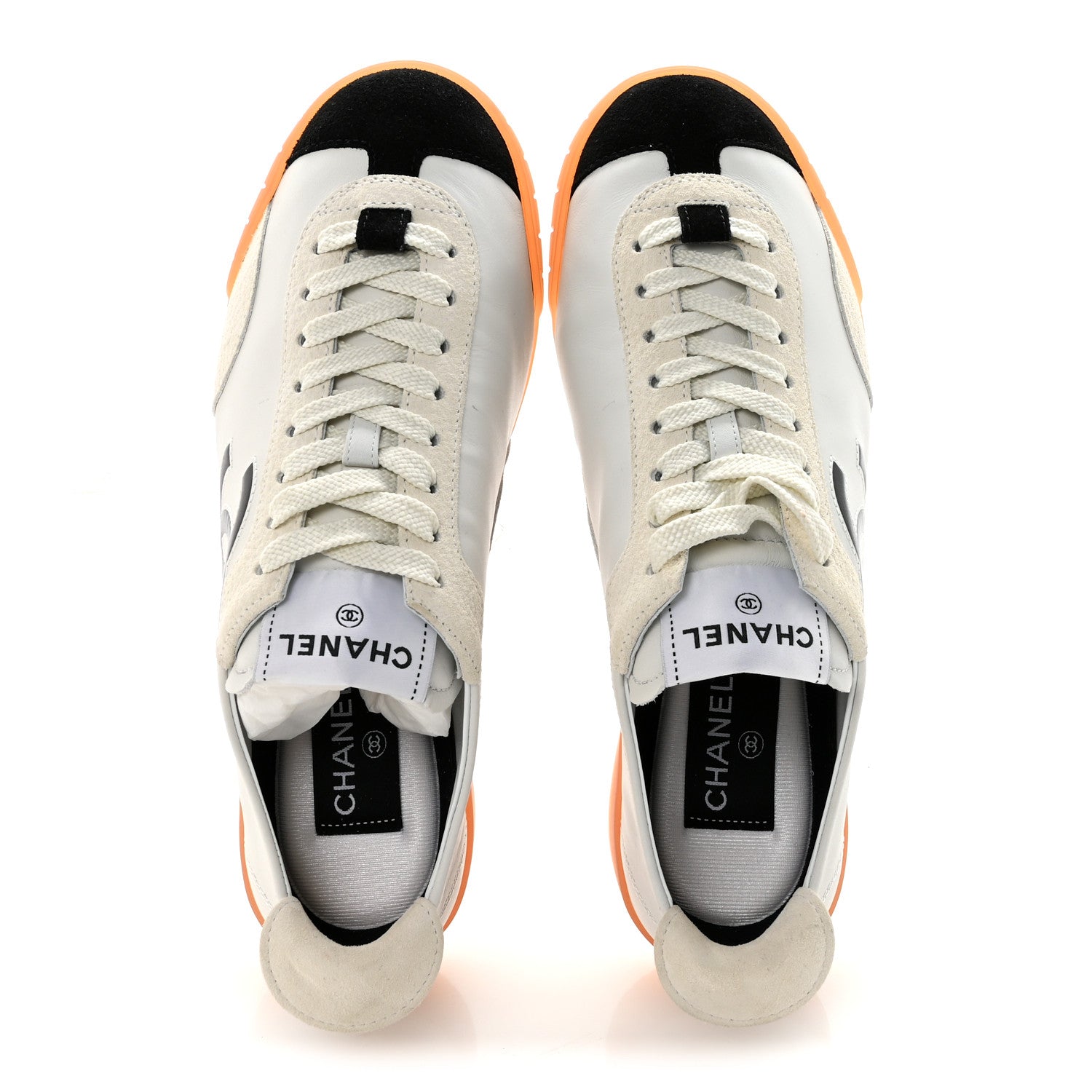 Chanel Calfskin Embossed Suede Womens CC Sneakers 37 White Black 2 of 8
