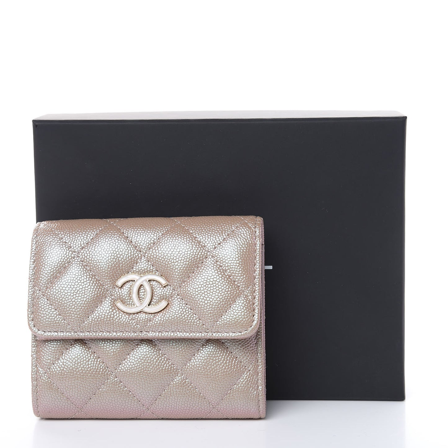 Iridescent Caviar Quilted Small Flap Wallet Beige