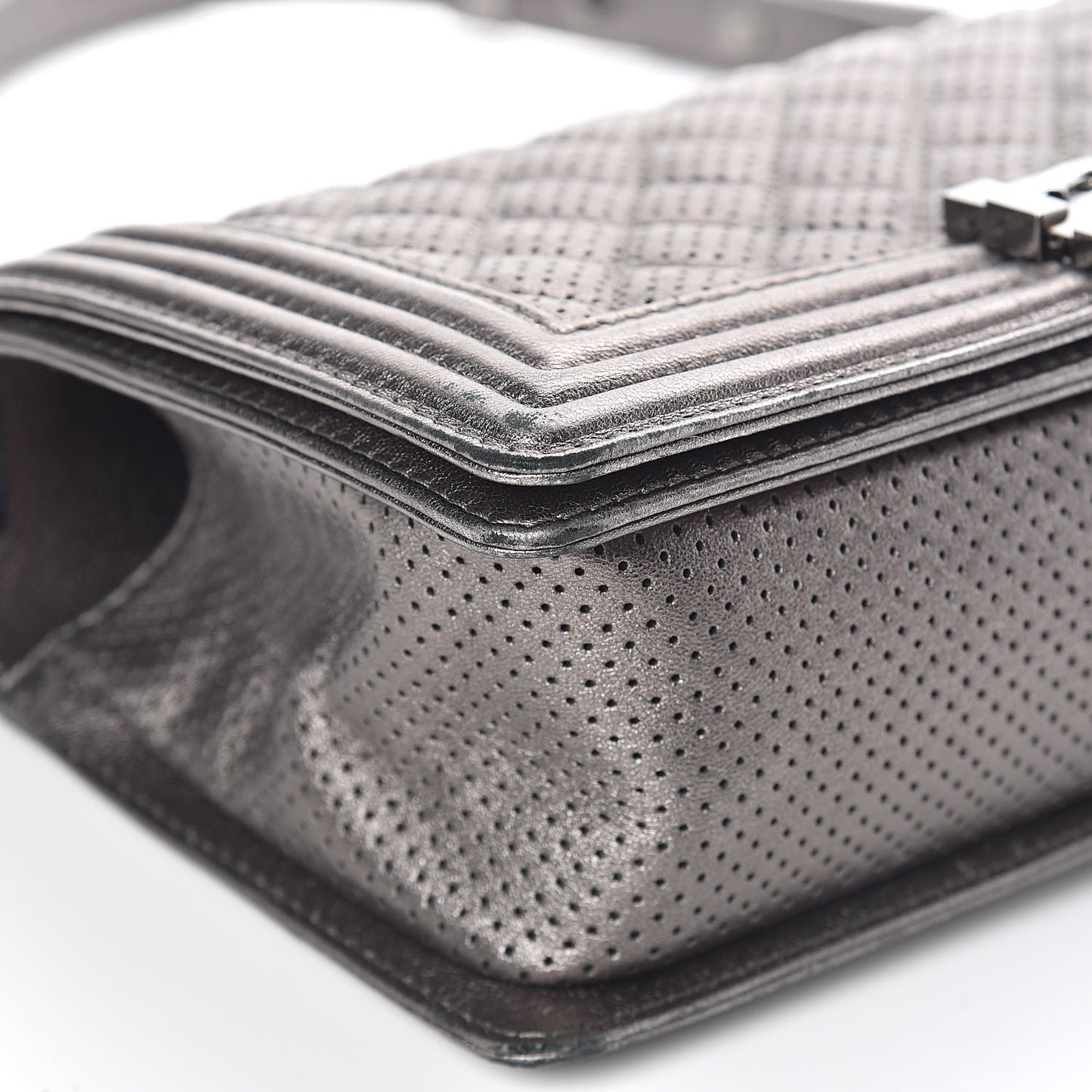 Metallic Lambskin Perforated Medium Boy Flap Dark Silver