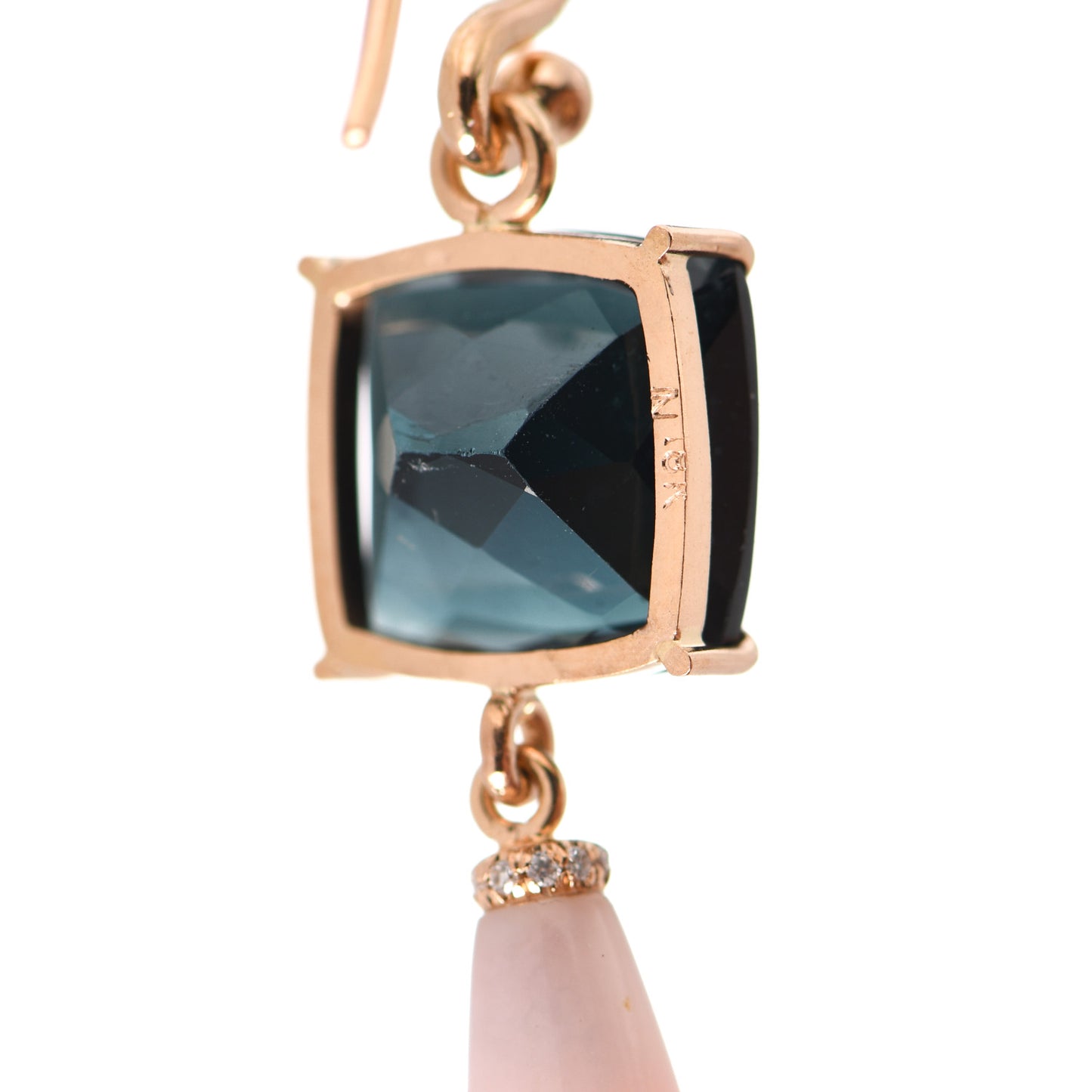 18K Rose Gold Diamond Pink Opal Blue Tourmaline Drop Earrings
