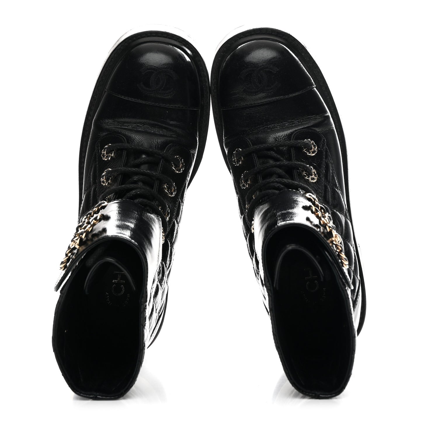 Shiny Goatskin Calfskin Quilted Lace Up Combat Boots 37 Black