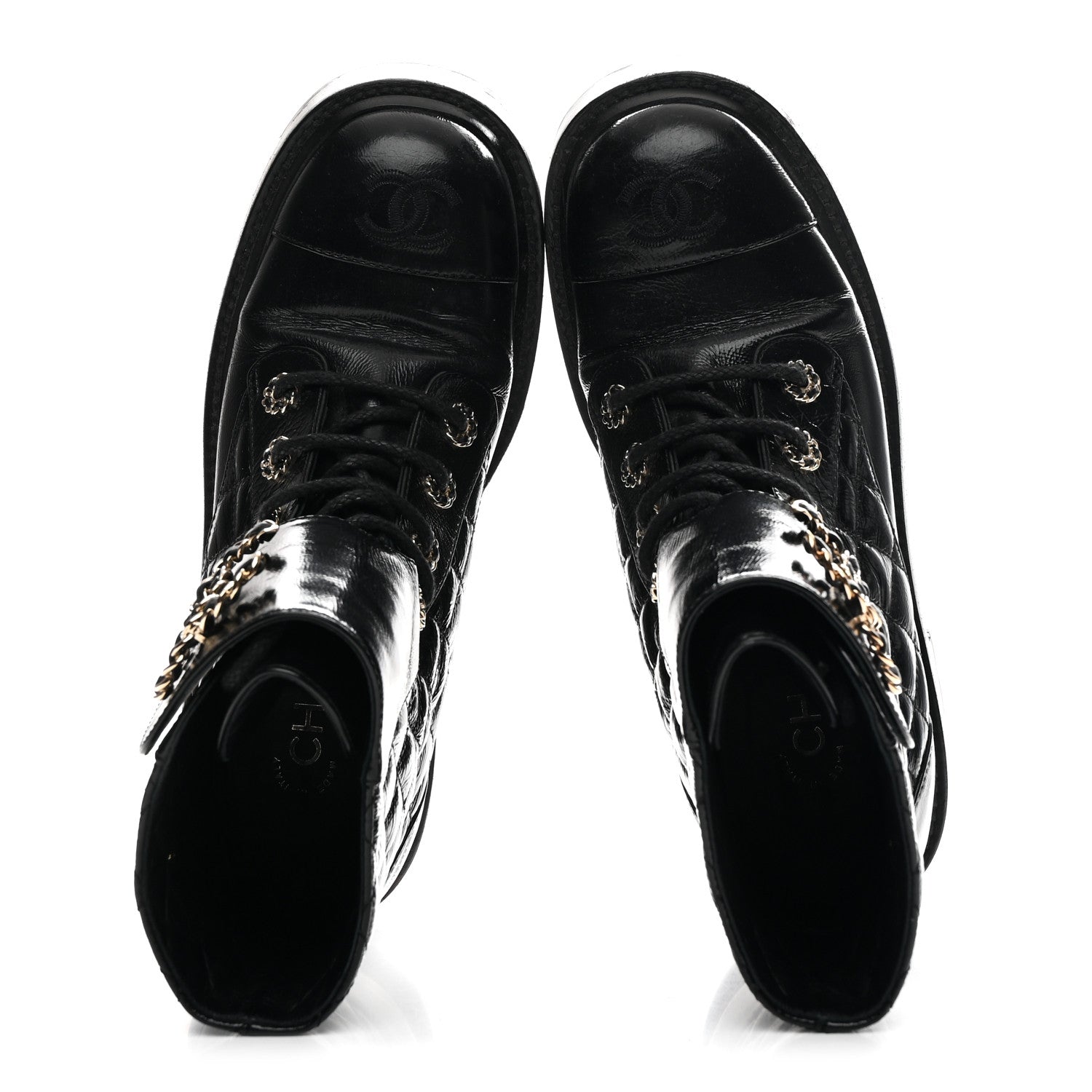 Chanel Shiny Goatskin Calfskin Quilted Lace Up Combat Boots 37 Black 2 of 11