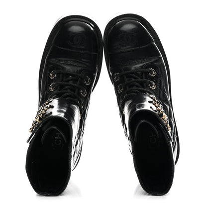 Chanel Shiny Goatskin Calfskin Quilted Lace Up Combat Boots 37 Black 2 of 11
