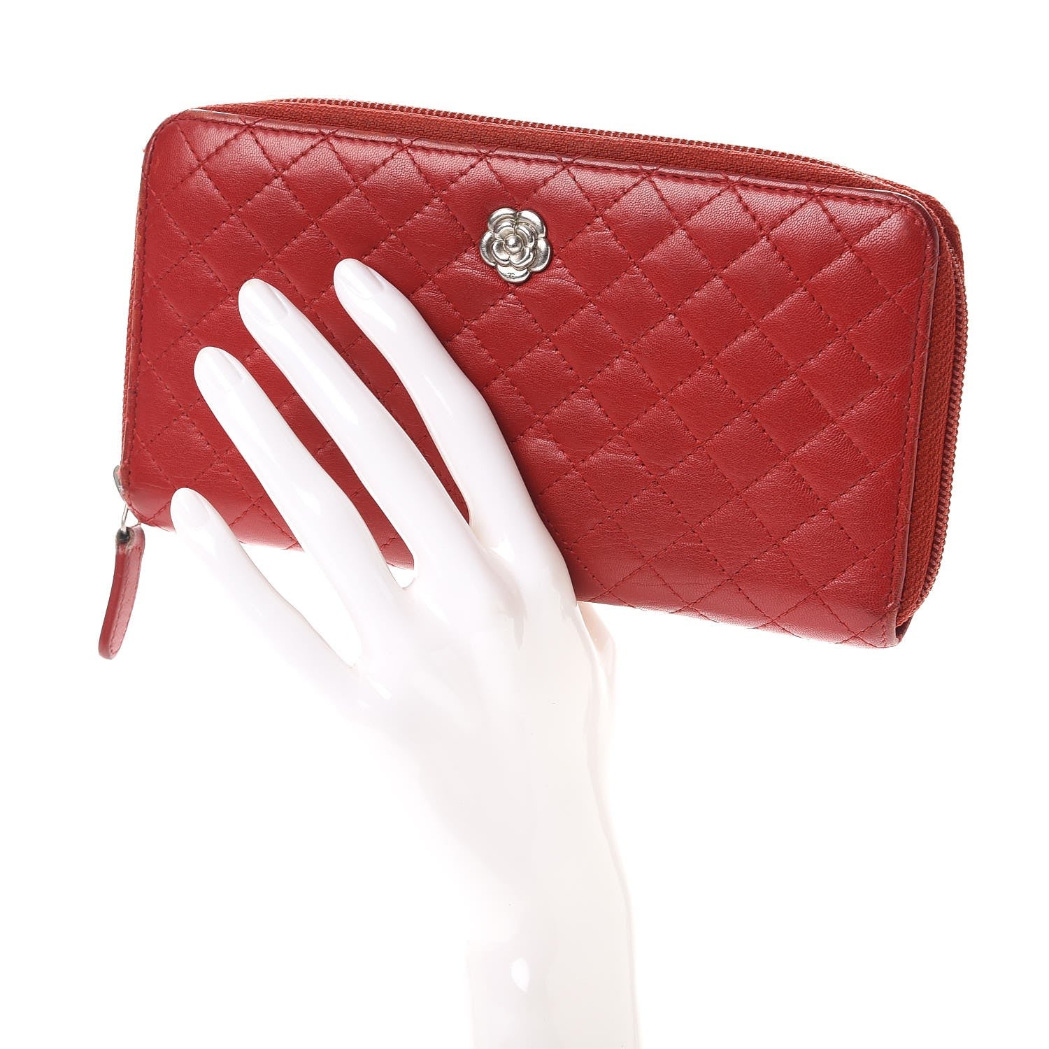 Chanel Lambskin Quilted Camellia Zip Around Large Gusset Wallet Red 2 of 12