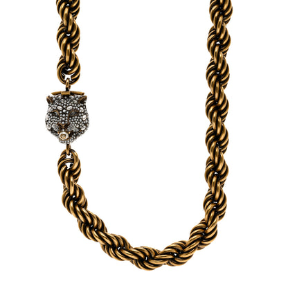 Gucci Metal Crystal Pearl Tiger Necklace Gold 1 of 5