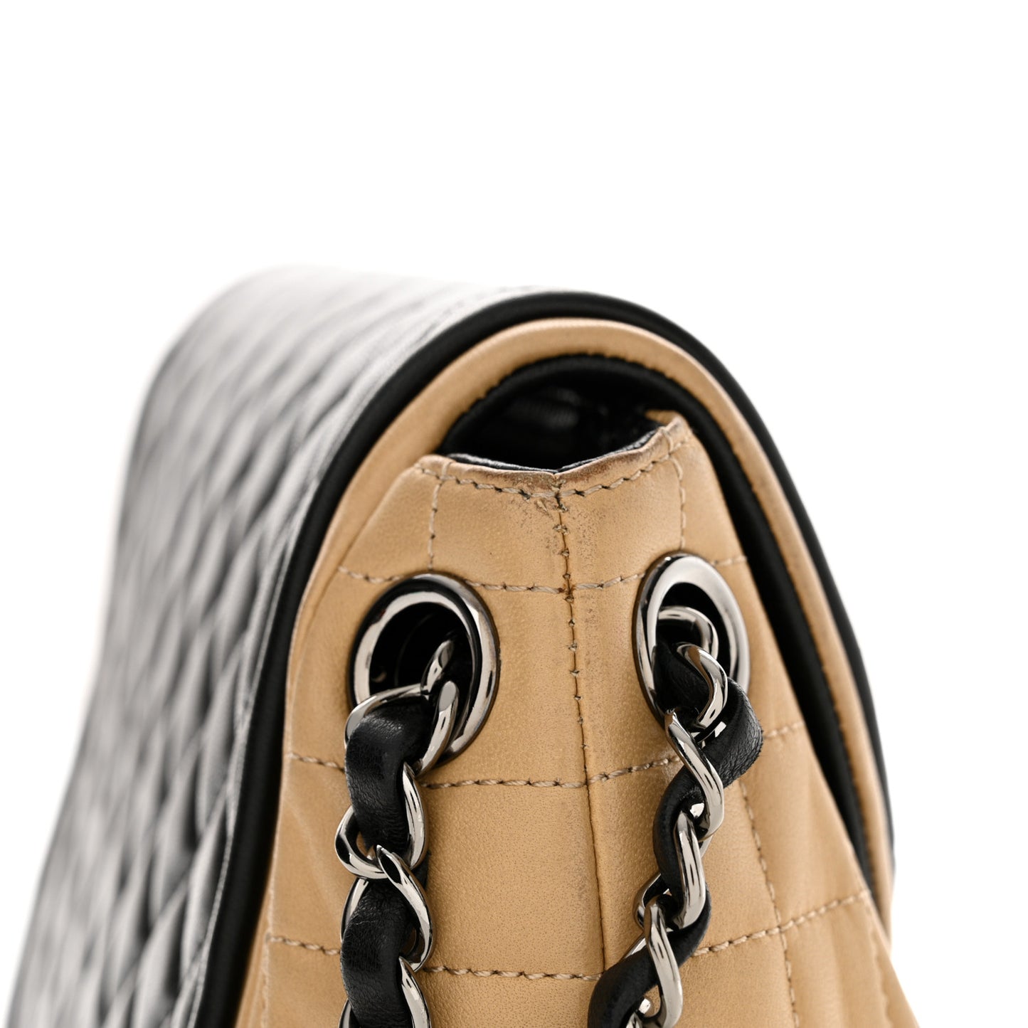 Lambskin Quilted Classic Twist Crescent Flap Black Beige