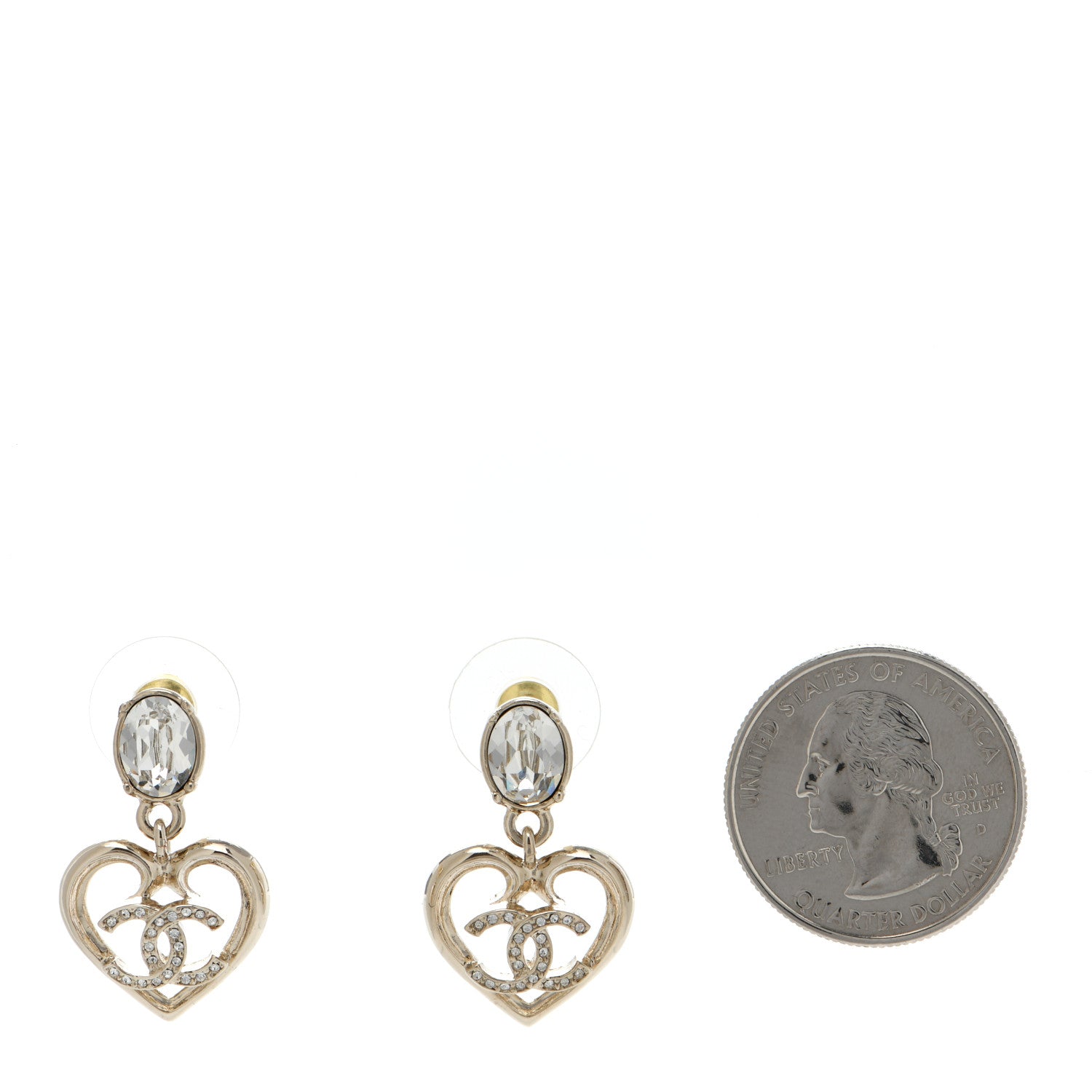 Chanel Metal Crystal CC Heart Drop Earrings Gold 2 of 4