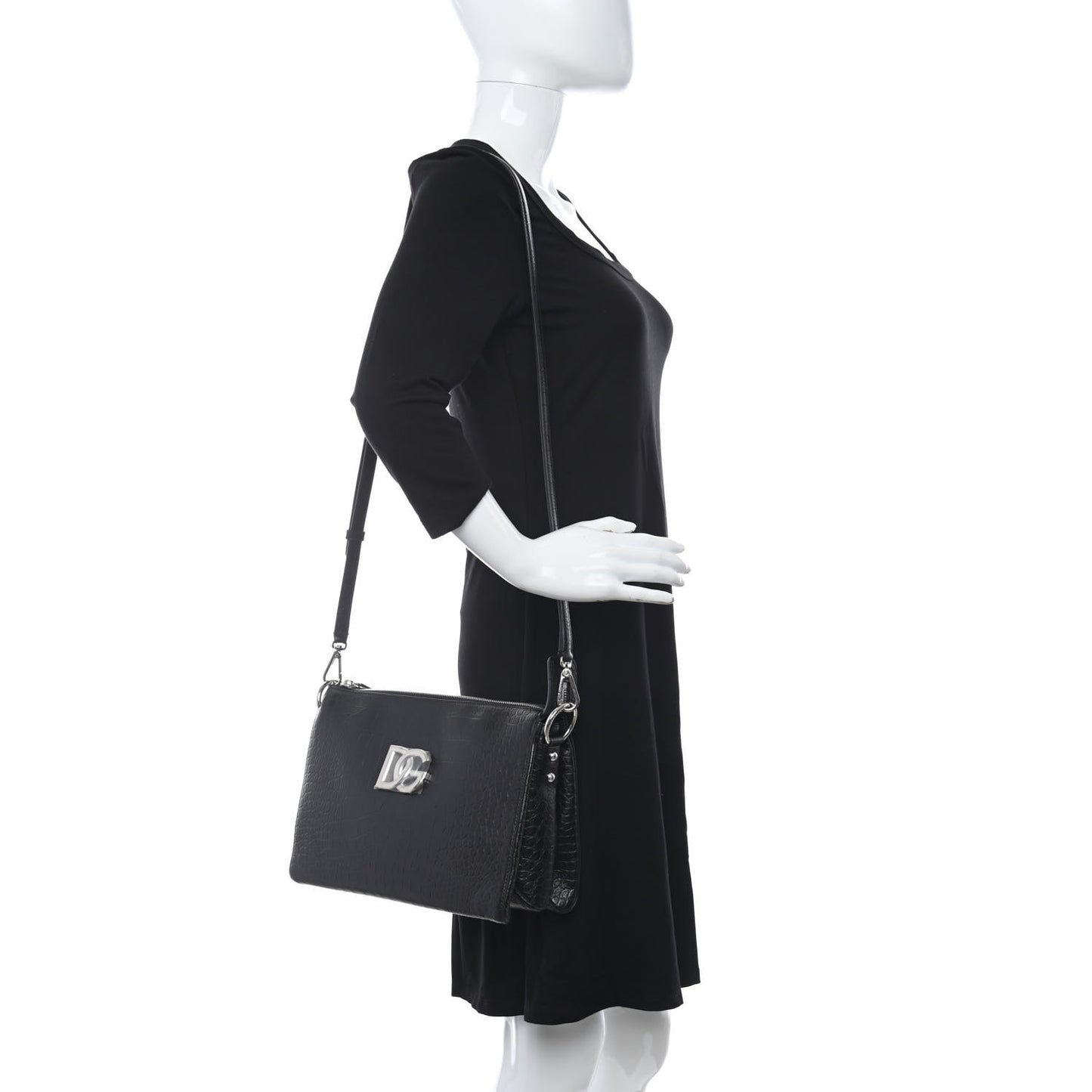 Crocodile Embossed Medium Tris Shoulder Bag Black