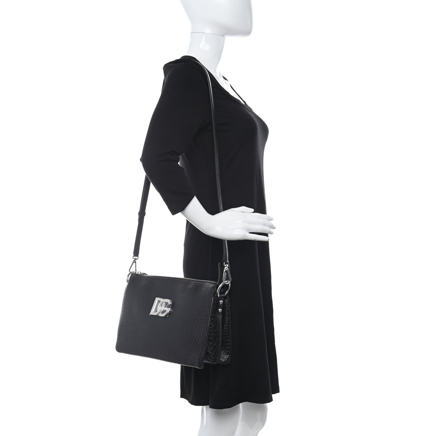 Dolce & Gabbana Crocodile Embossed Medium Tris Shoulder Bag Black 2 of 10