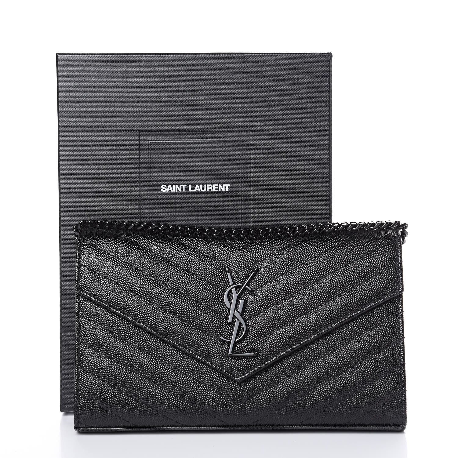 Saint Laurent Grain De Poudre Matelasse Chevron Monogram Chain Wallet Black 10 of 10