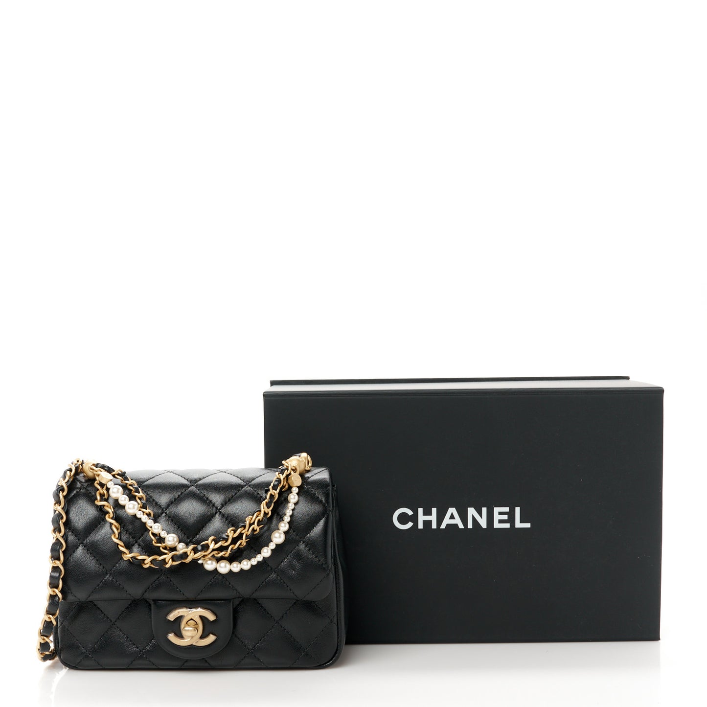 Shiny Lambskin Quilted Pearl Twist Mini Square Flap Black