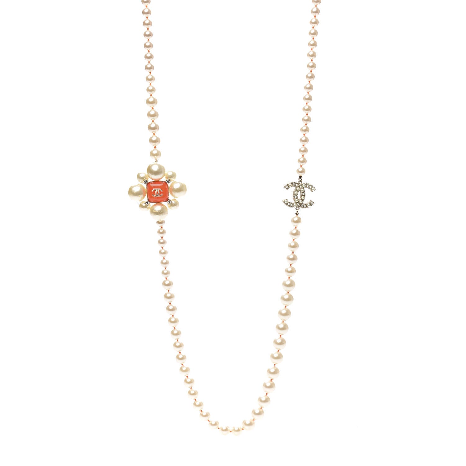 Chanel Pearl Crystal Gripoix CC Long Necklace Gold Pearly White Orange 1 of 4