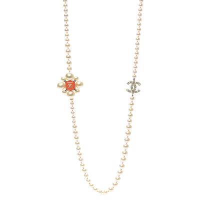 Chanel Pearl Crystal Gripoix CC Long Necklace Gold Pearly White Orange 1 of 4